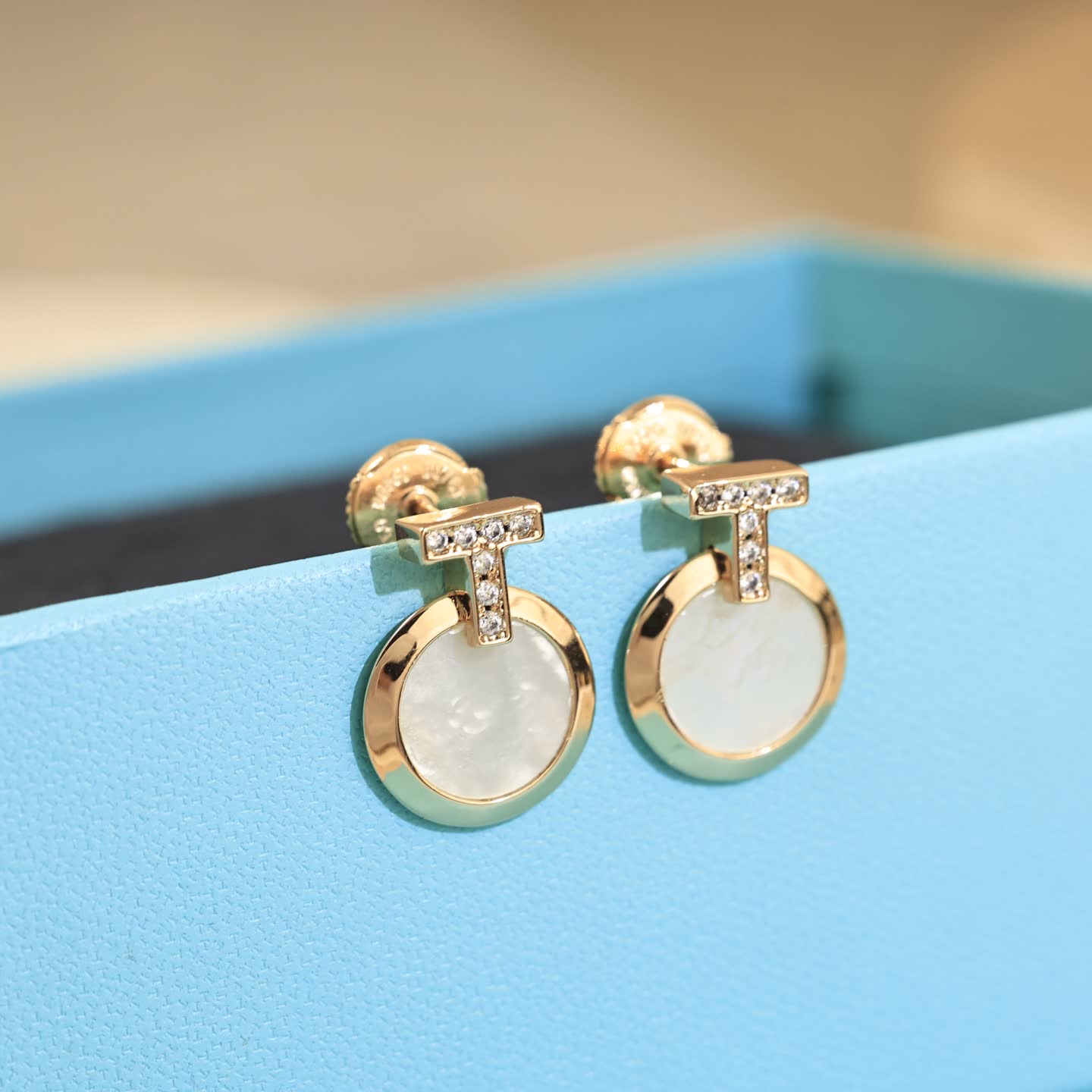 Tiffany & Co T Tahari Gold Tone Pearl Stud Earrings with Crystal Accents